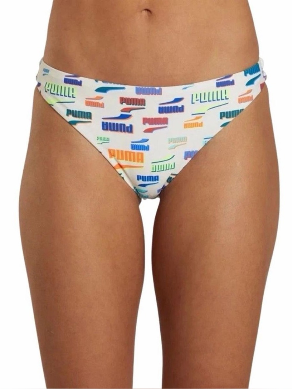 NWT Puma Logo Print Bikini Bottom Swim Cream Multicolor Recycled Size M